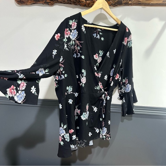 City Chic Black Floral Wrap Blouse Plus Size - Picture 1 of 12